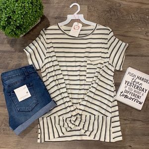 Black/white stripe tee with cinch front